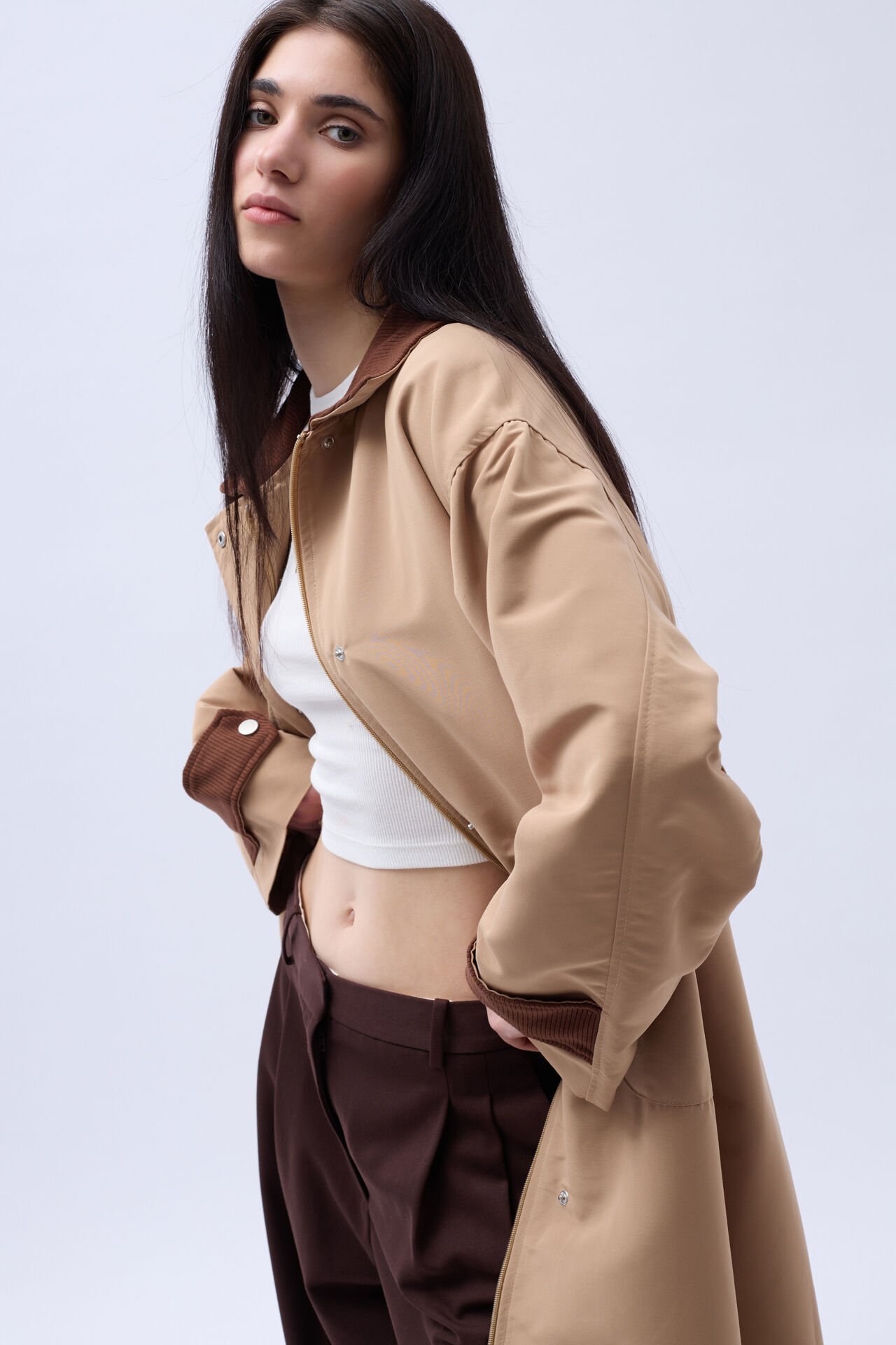 Toptan Yaka Detaylı Oversiz Kahve Trençkot