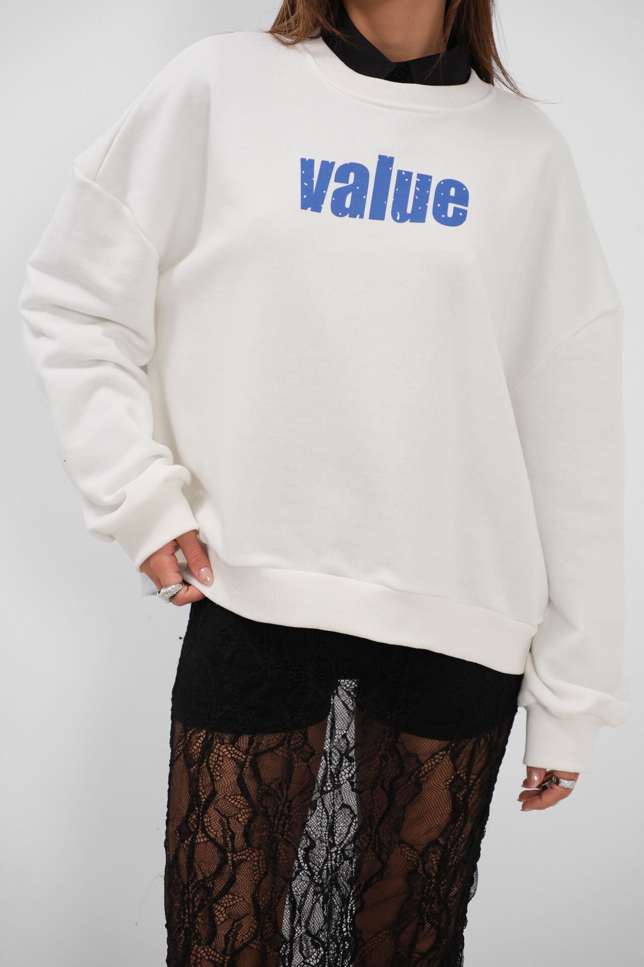 Toptan Baskılı Sıfır Yaka Oversize Ekru Sweatshirt