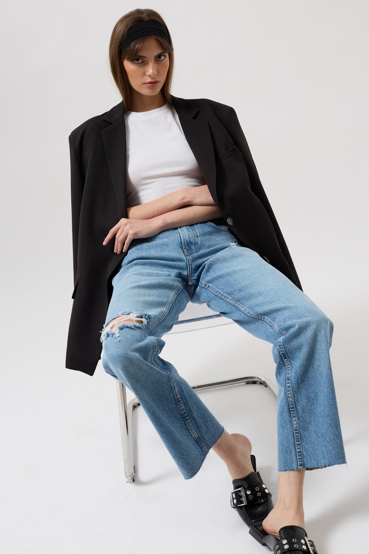 Wholesale Laser Cut High Waist Blue Jeans