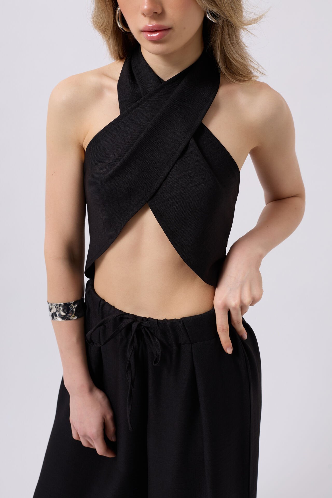 Toptan Çapraz Bağlamalı Keten Siyah Crop