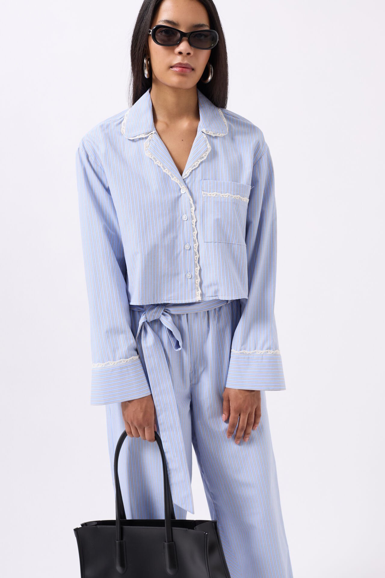 Wholesale Striped Pocket Detail Crop Blue Shirt