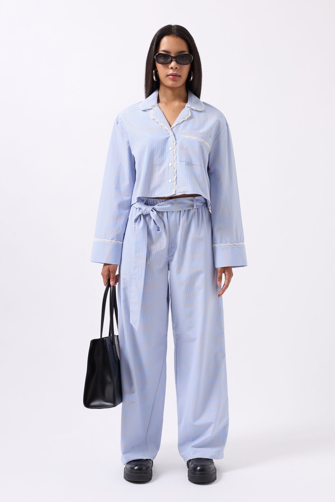 Wholesale Striped Pocket Detail Crop Blue Shirt