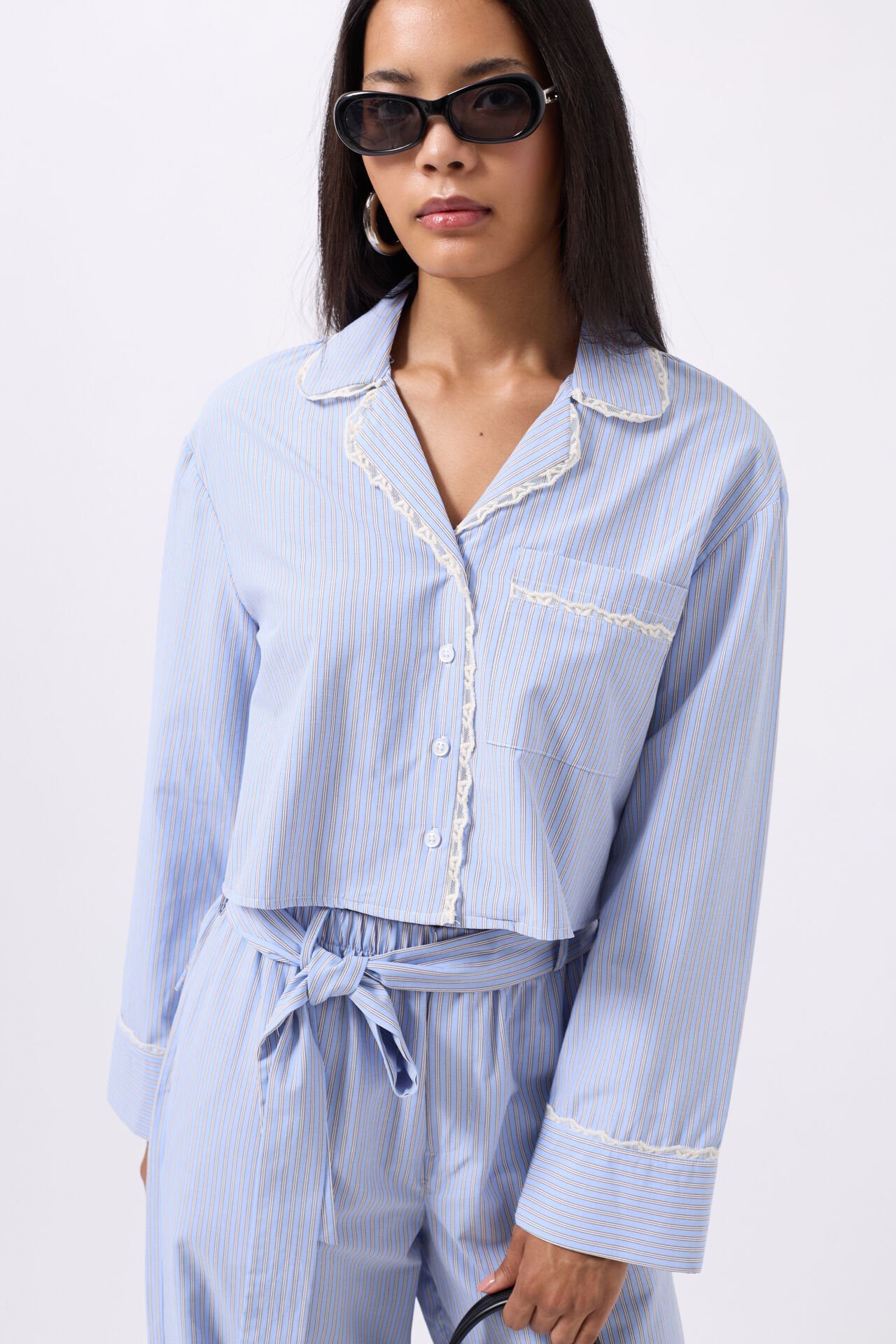 Wholesale Striped Pocket Detail Crop Blue Shirt