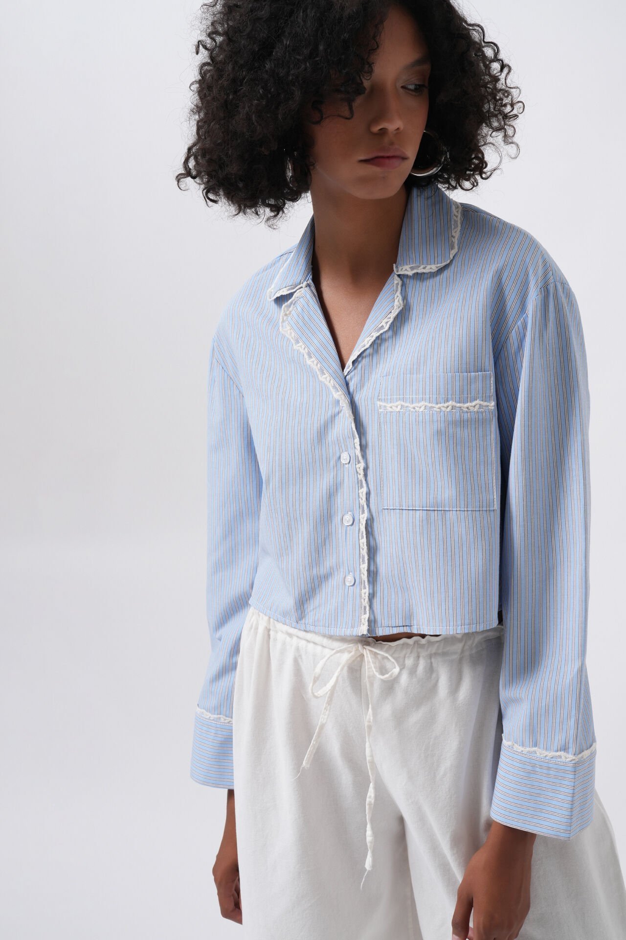 Wholesale Striped Pocket Detail Crop Blue Shirt