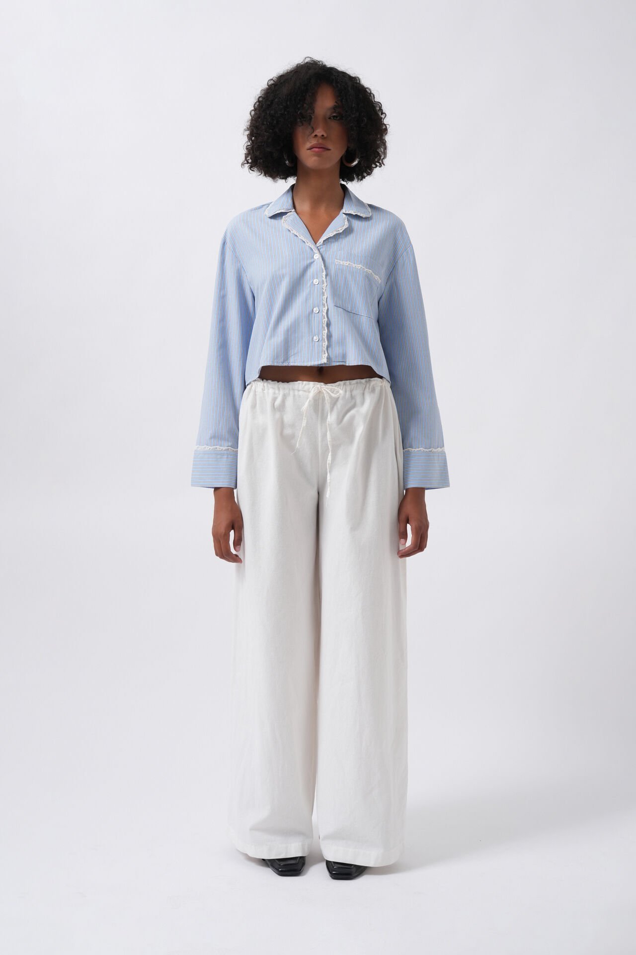 Wholesale Striped Pocket Detail Crop Blue Shirt