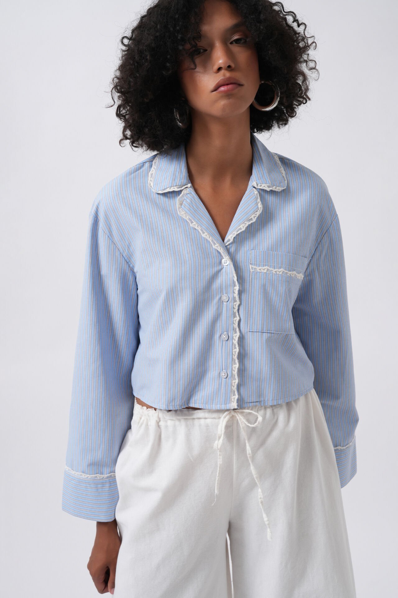 Wholesale Striped Pocket Detail Crop Blue Shirt