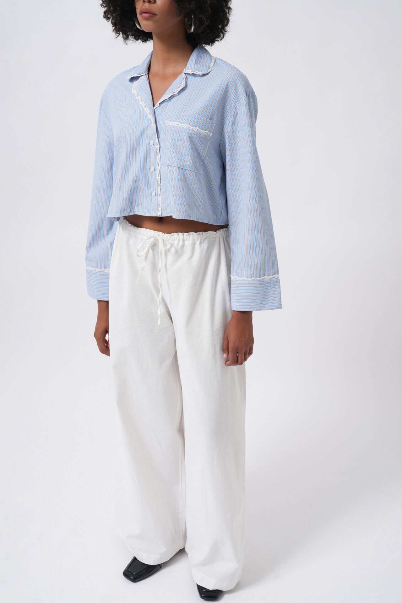 Wholesale Striped Pocket Detail Crop Blue Shirt