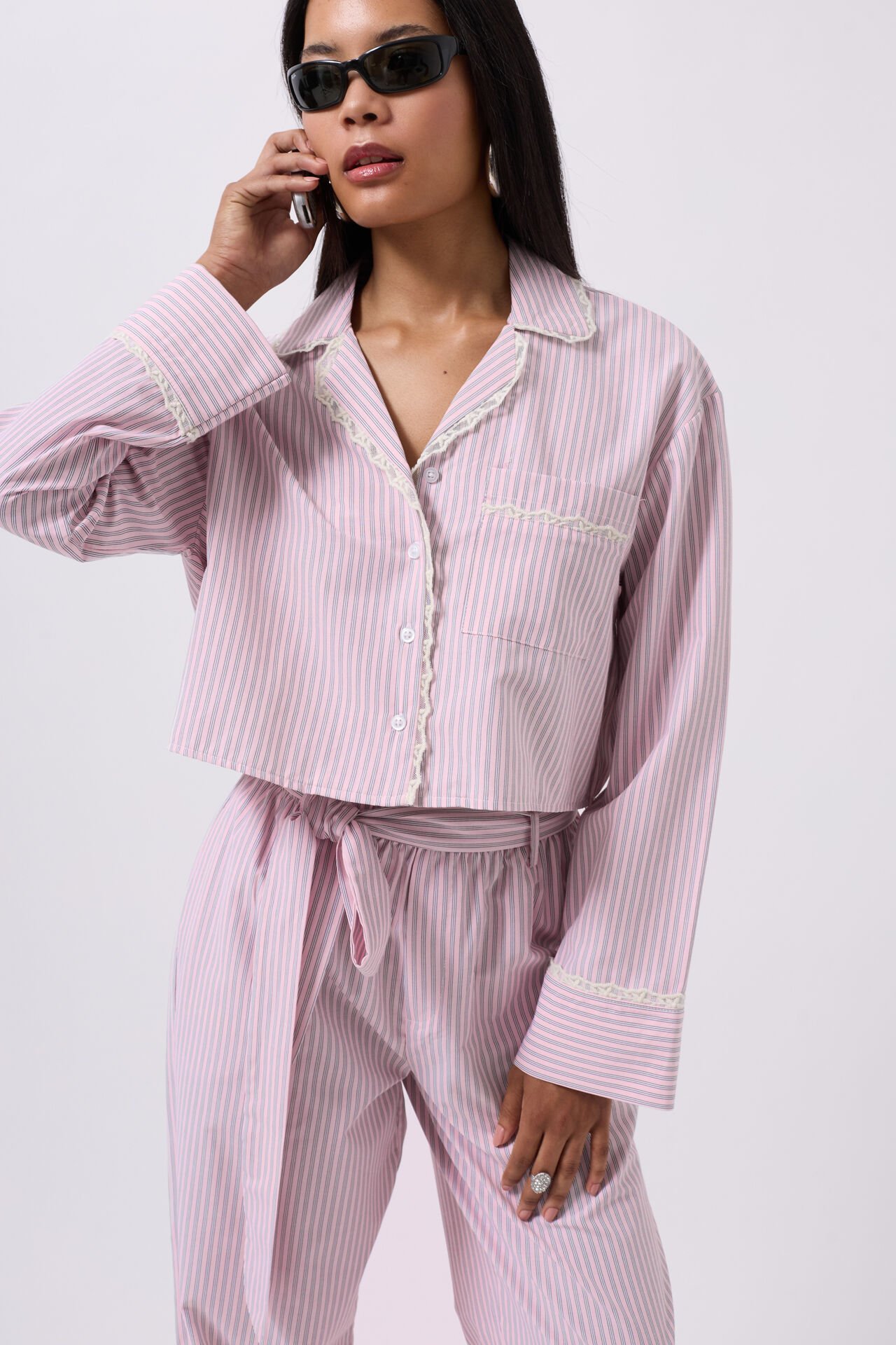 Wholesale Striped Pocket Detail Crop Pink Shirt