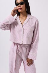 Wholesale Striped Pocket Detail Crop Pink Shirt