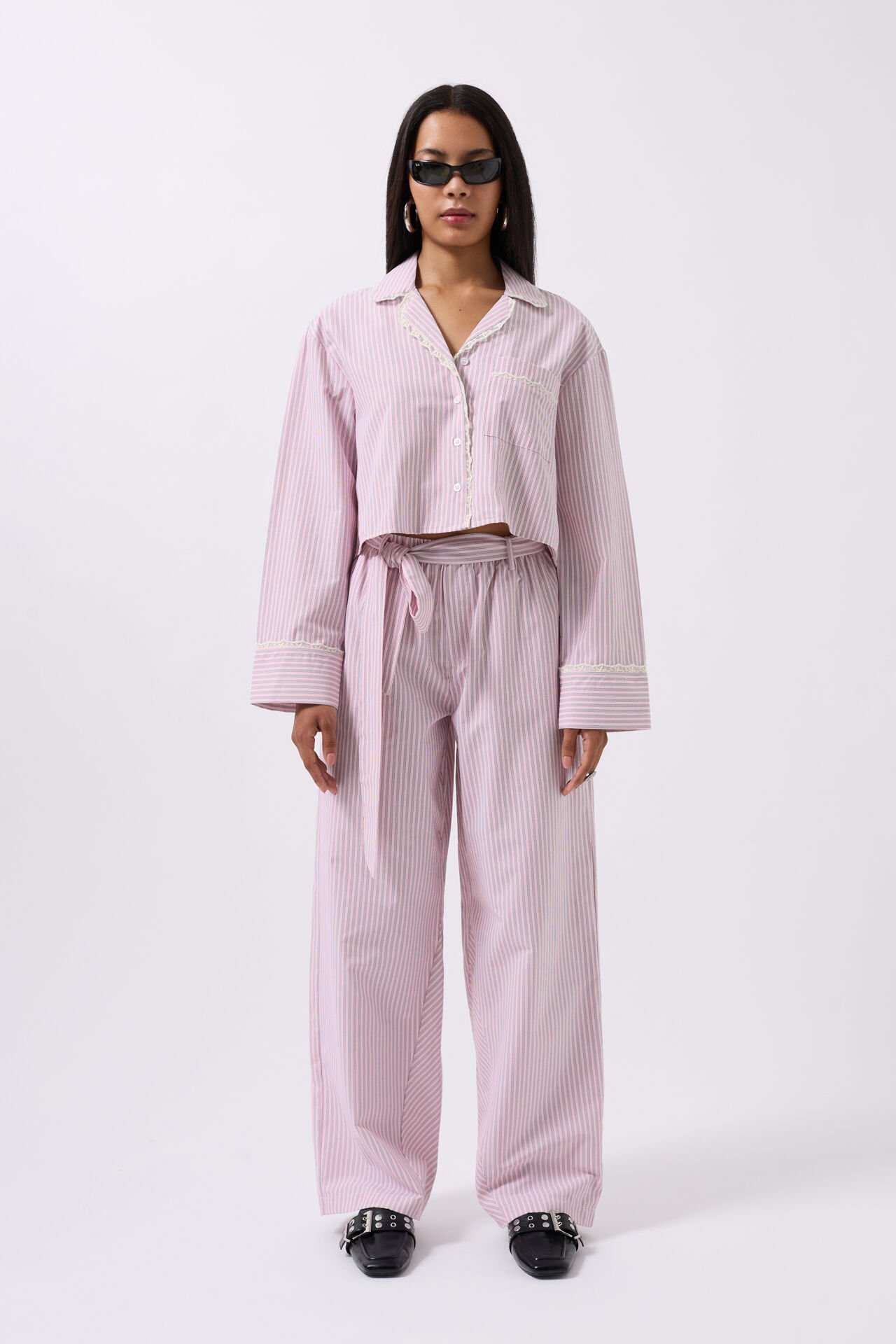 Wholesale Striped Pocket Detail Crop Pink Shirt