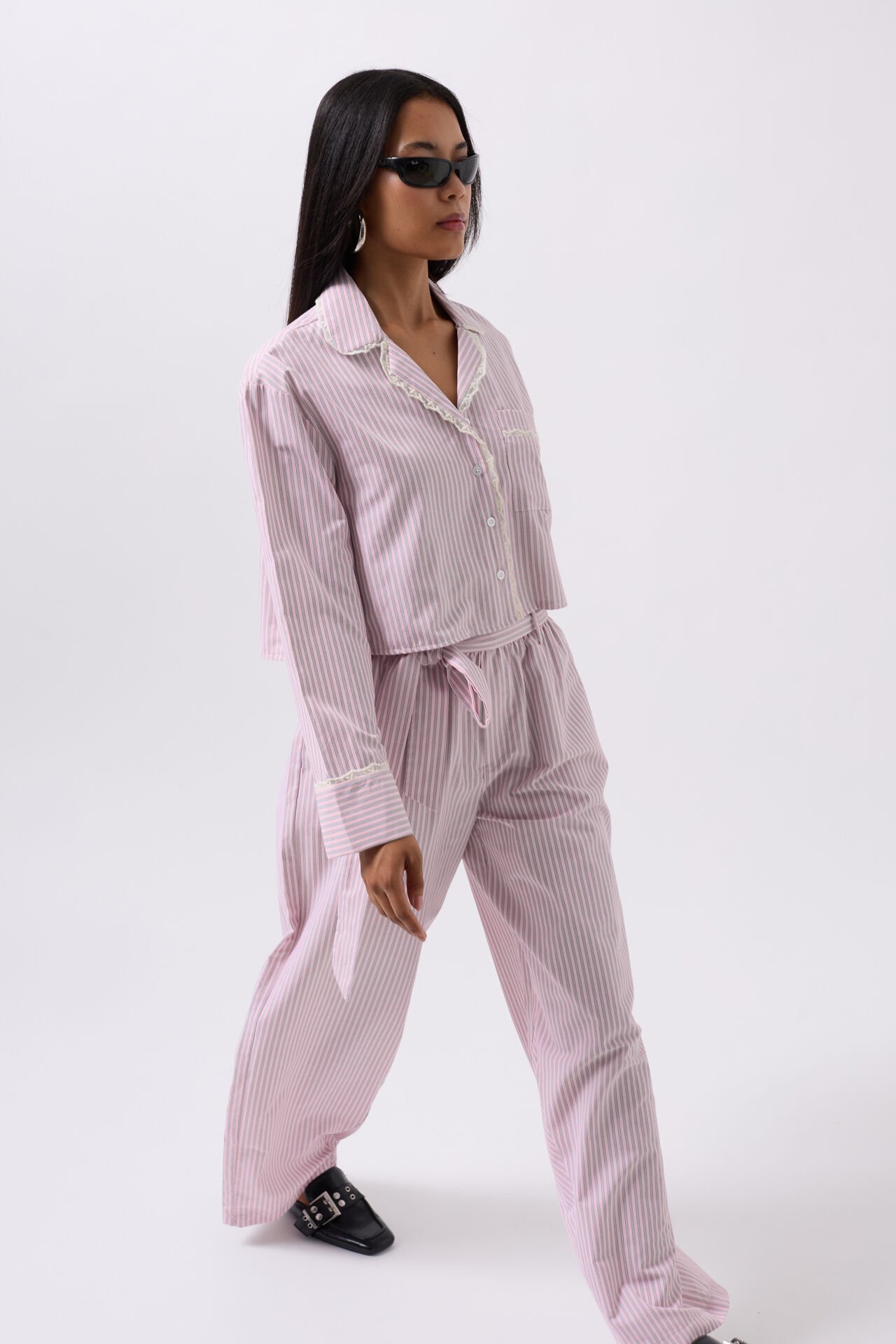 Wholesale Striped Pocket Detail Crop Pink Shirt