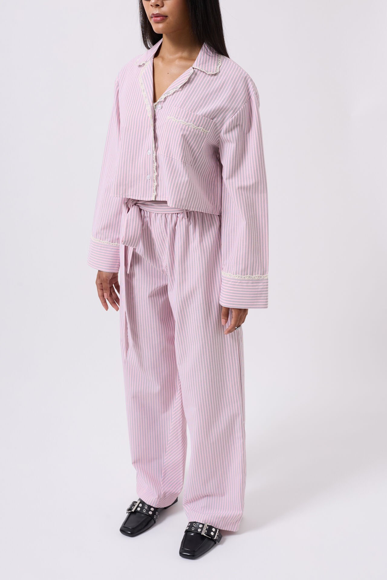 Wholesale Striped Pocket Detail Crop Pink Shirt