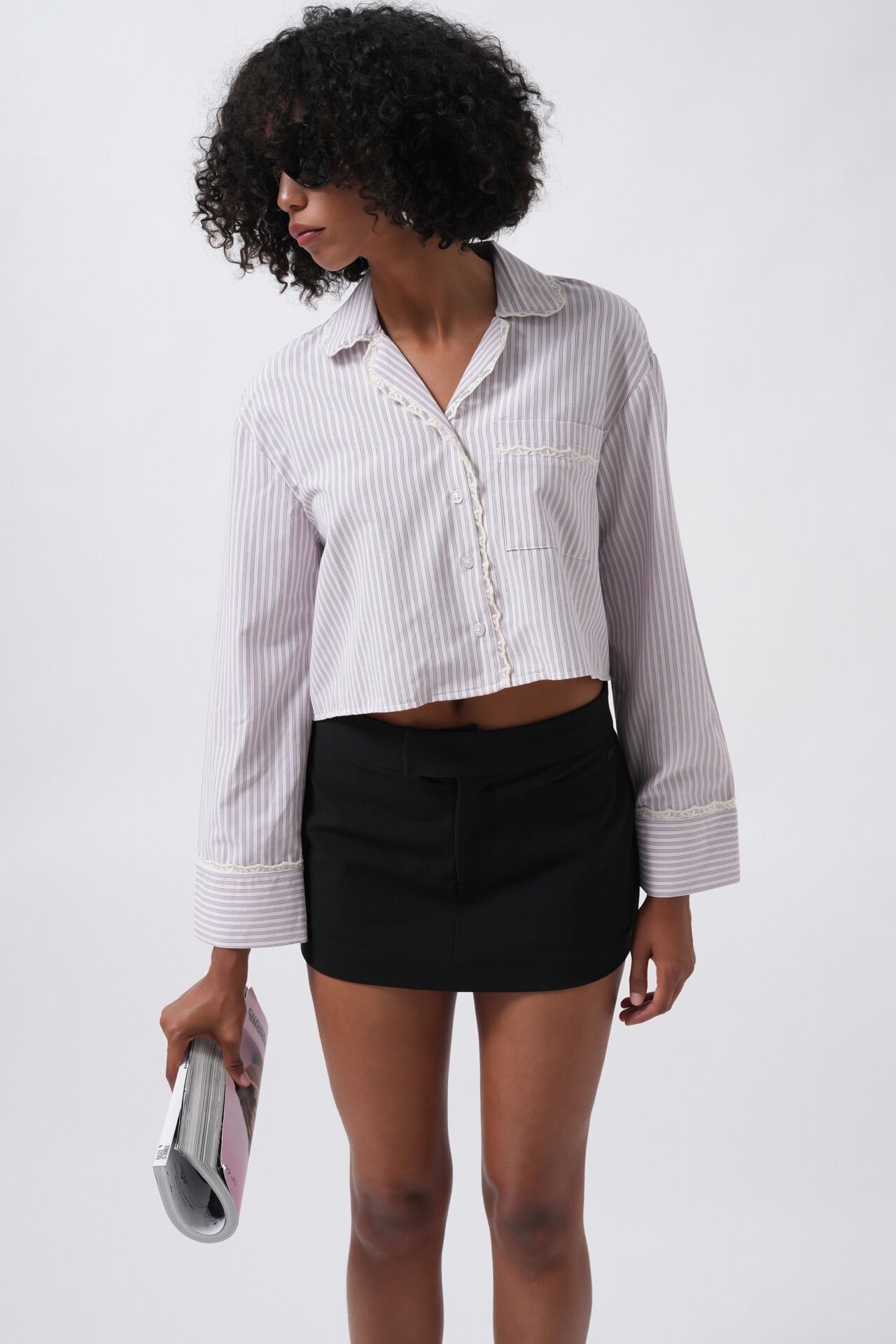Wholesale Striped Pocket Detail Crop Pink Shirt