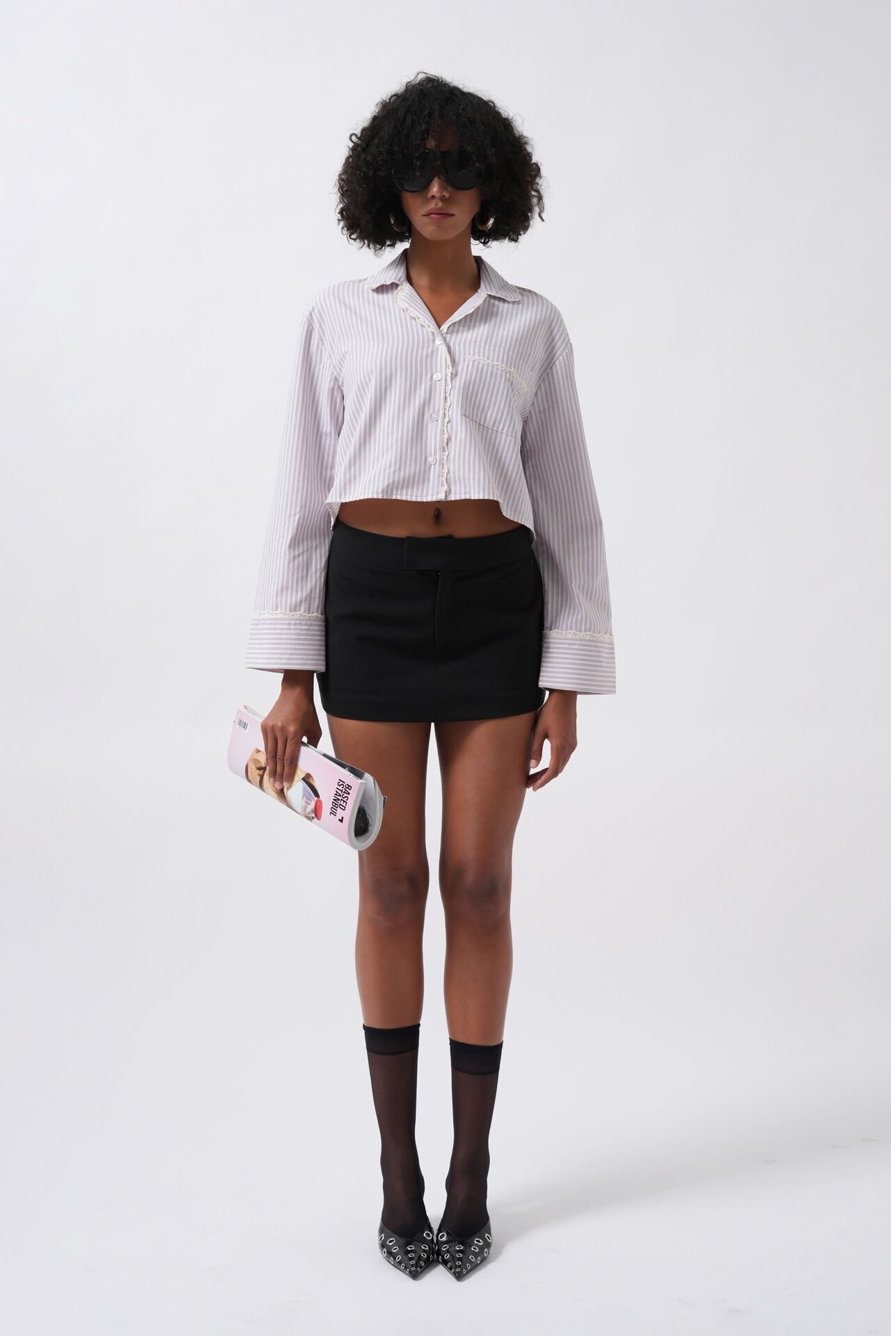 Wholesale Striped Pocket Detail Crop Pink Shirt