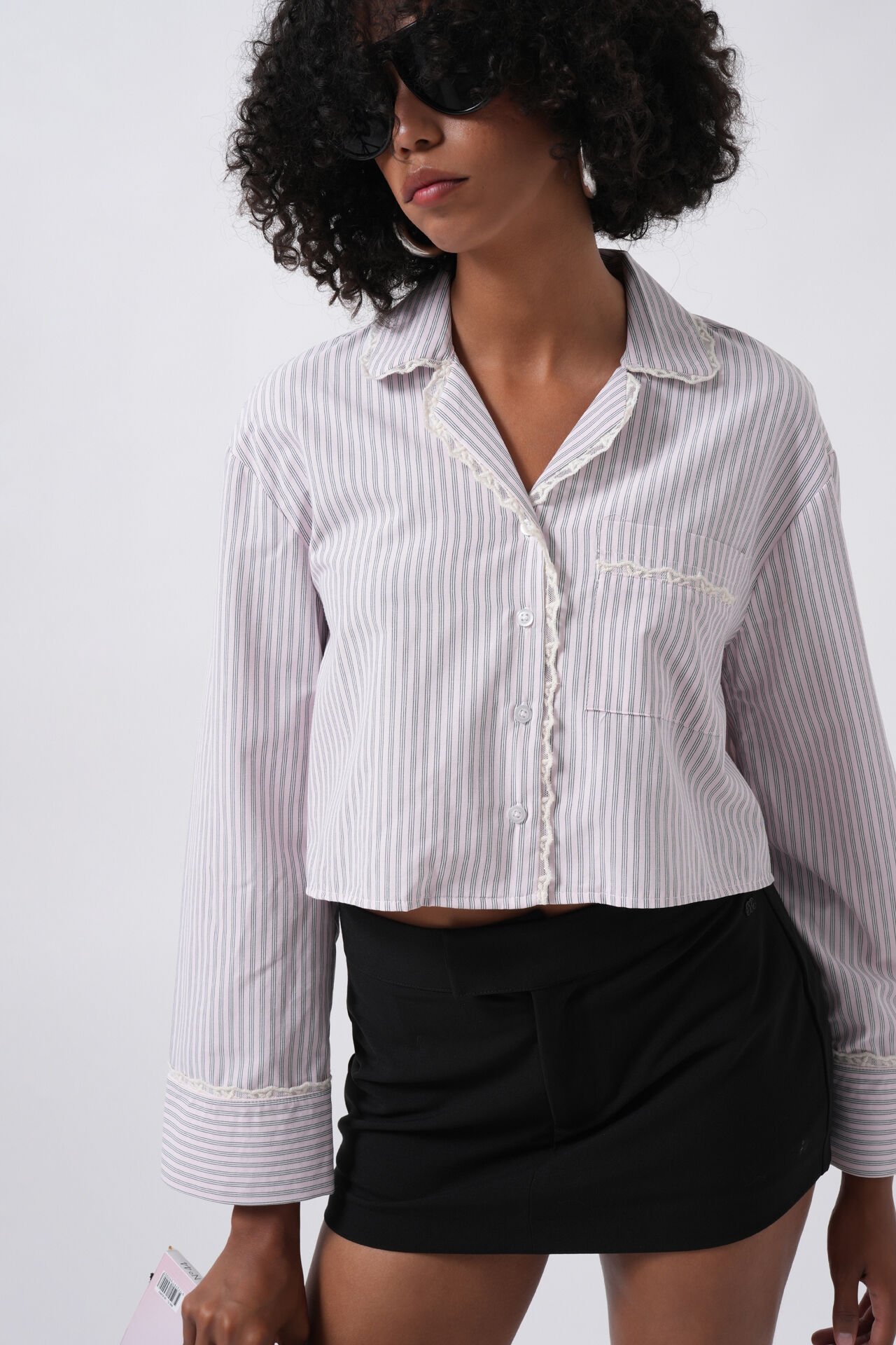 Wholesale Striped Pocket Detail Crop Pink Shirt