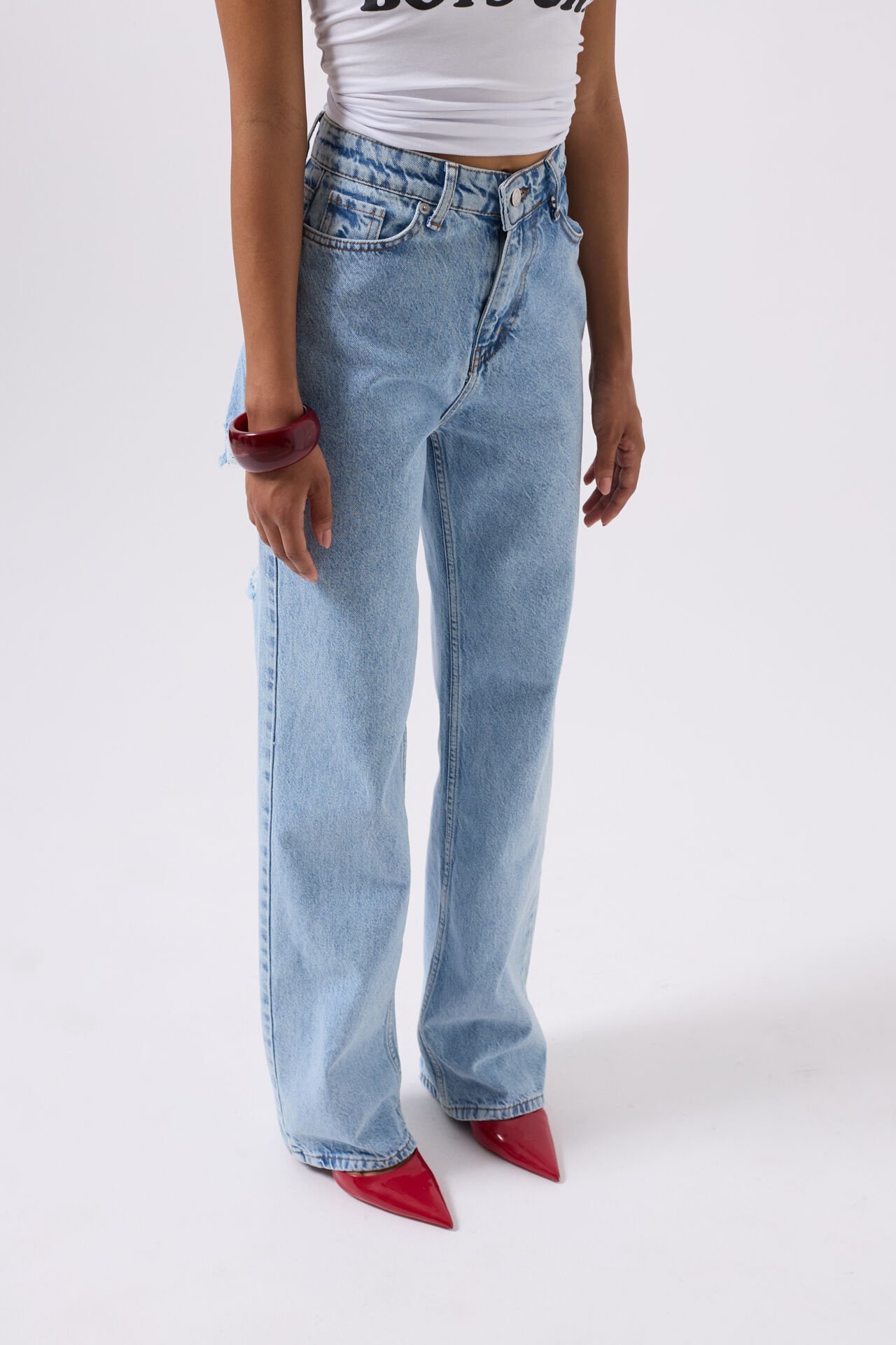 Wholesale Back Laser Cut Wide Leg Blue Jeans