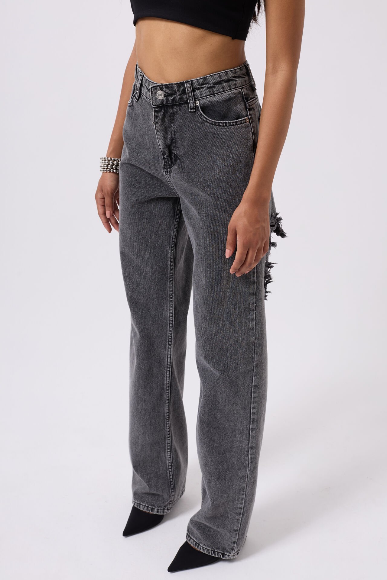 Wholesale Back Laser Cut Wide Leg Black Jeans