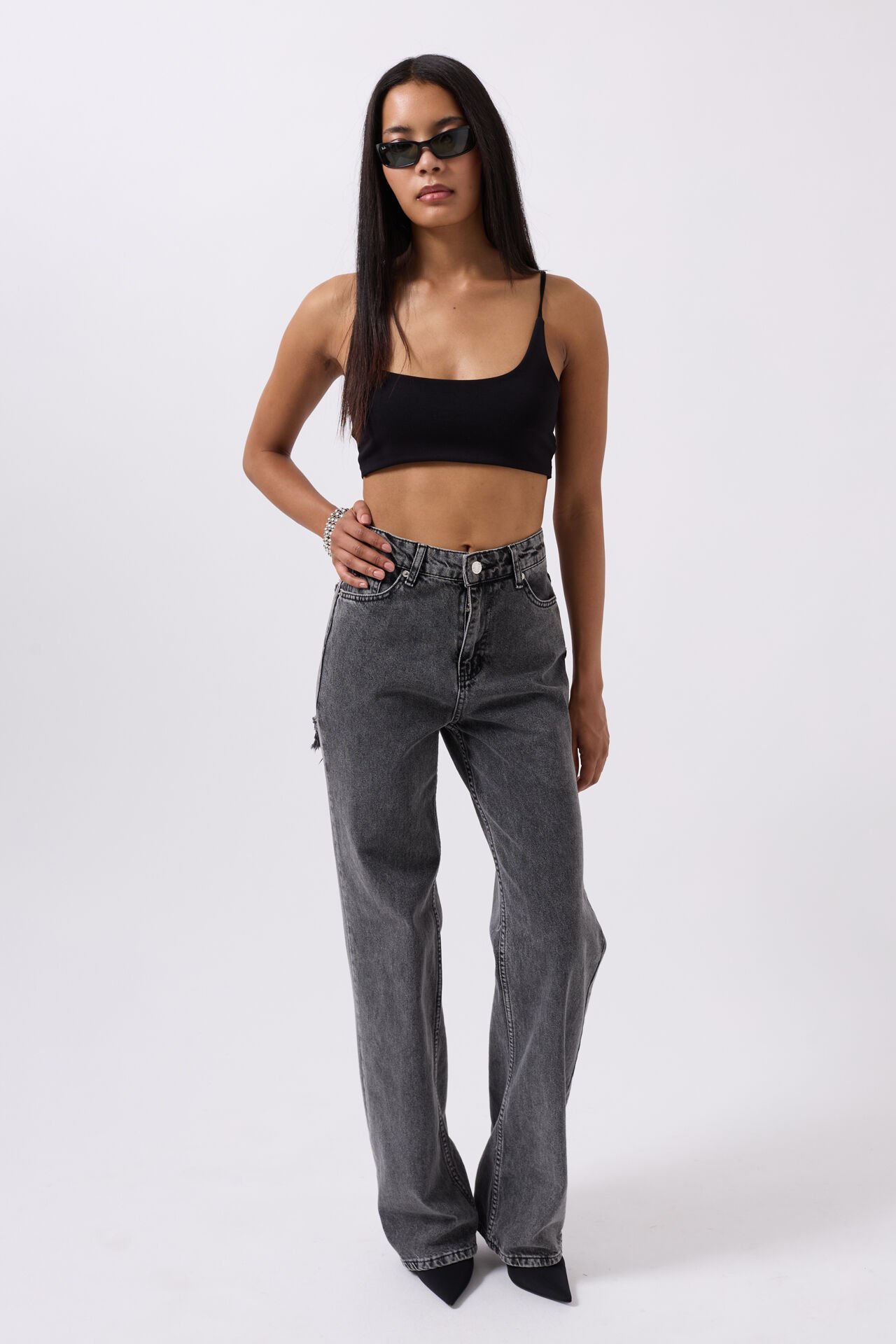 Wholesale Back Laser Cut Wide Leg Black Jeans