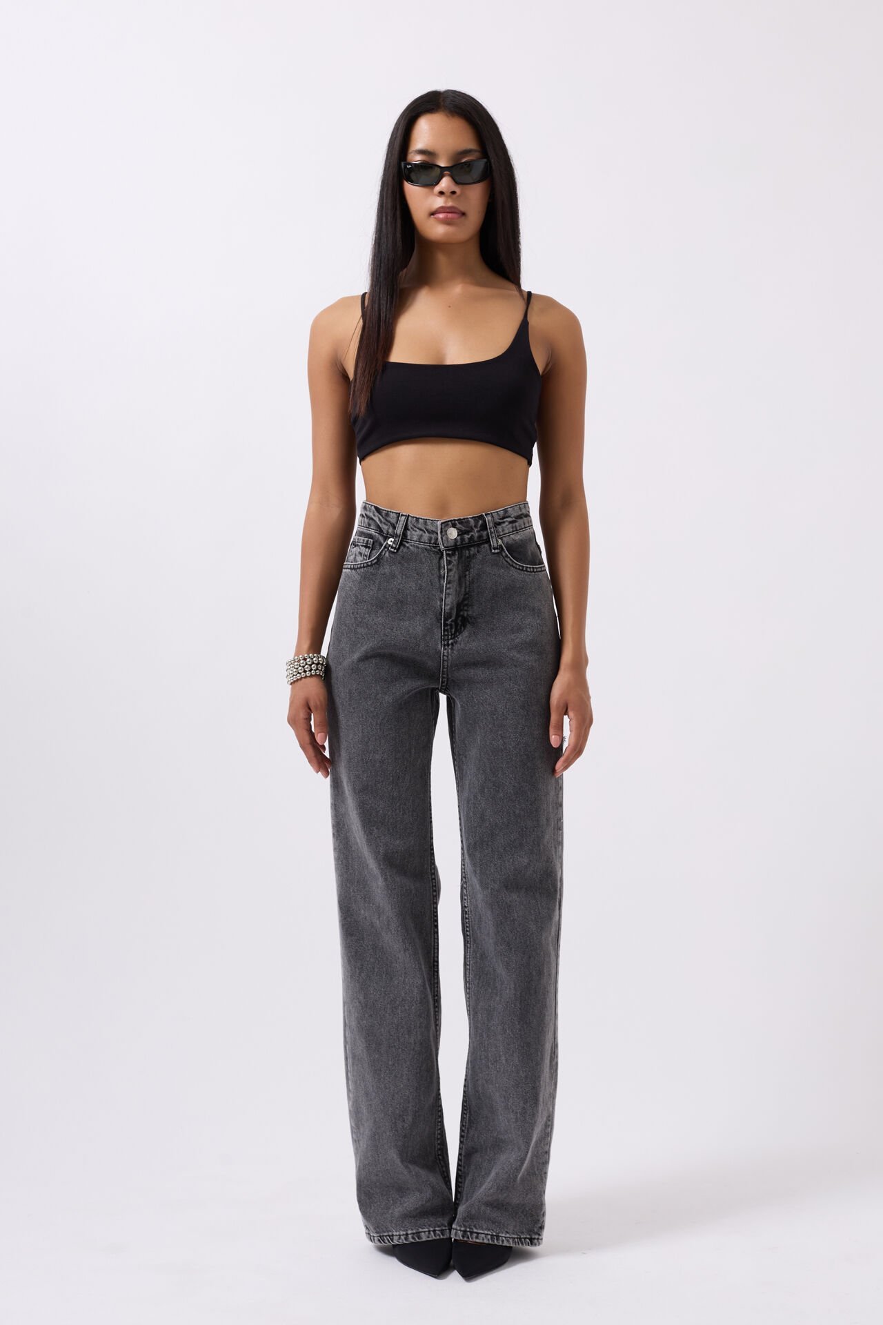 Wholesale Back Laser Cut Wide Leg Black Jeans