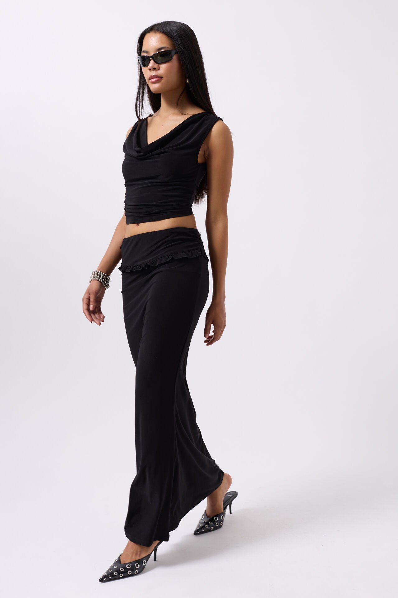 Wholesale Fold Waist Detail Maxi Black Skirt