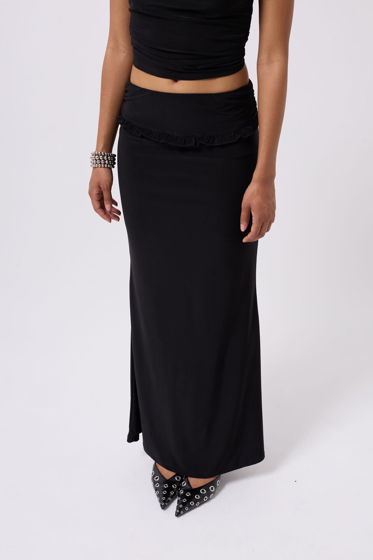 Wholesale Fold Waist Detail Maxi Black Skirt