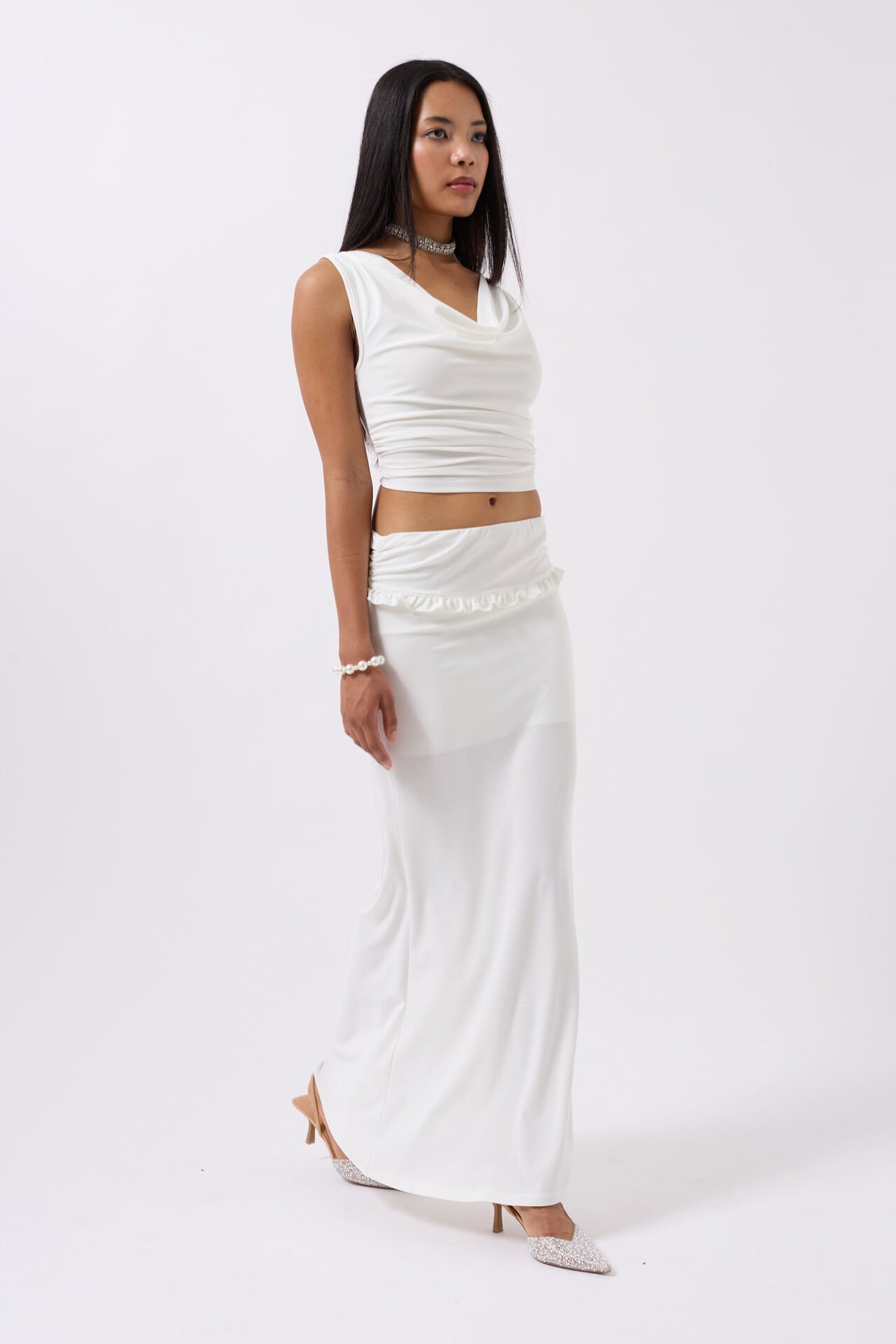 Wholesale Fold Waist Detail Maxi White Skirt