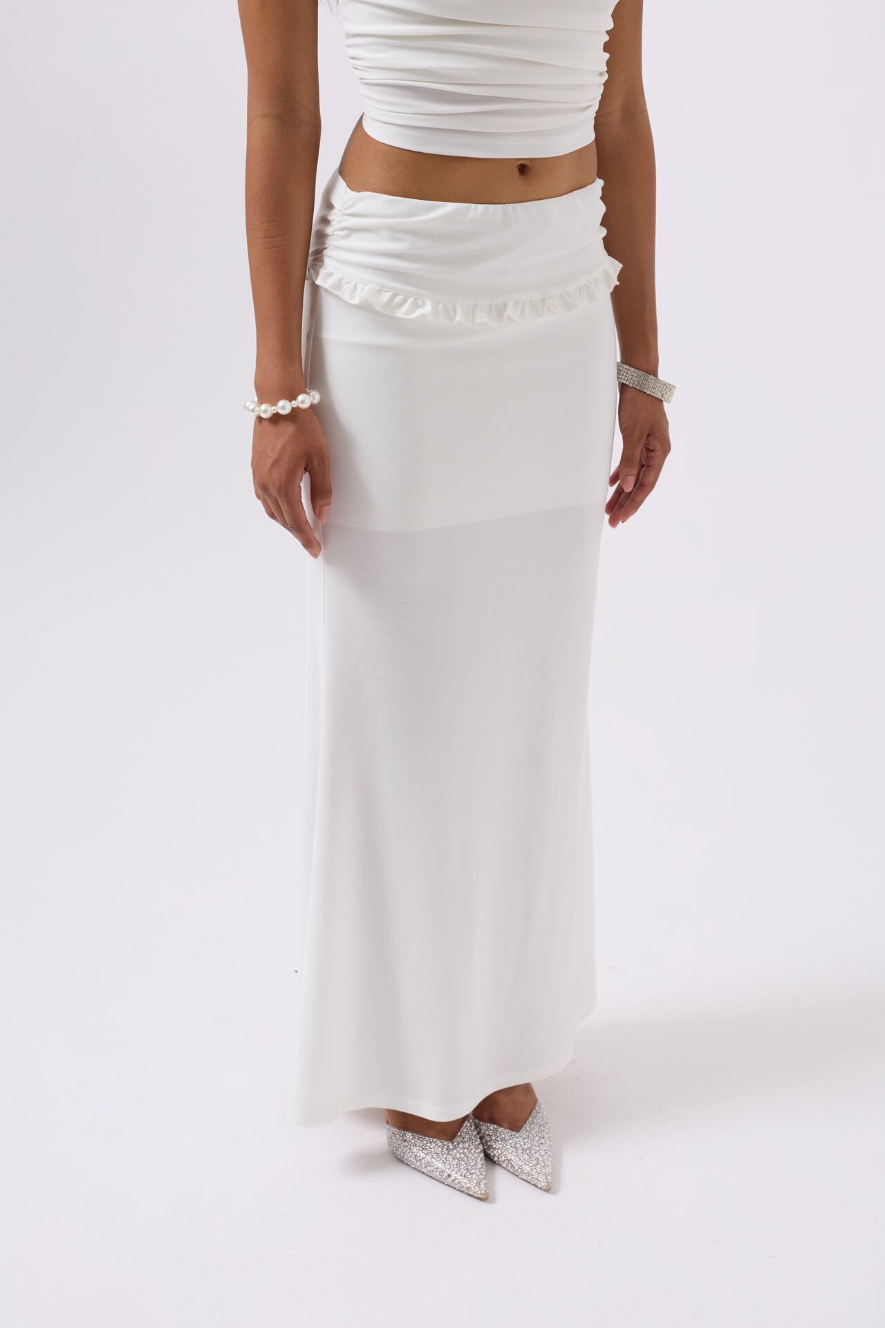 Wholesale Fold Waist Detail Maxi White Skirt