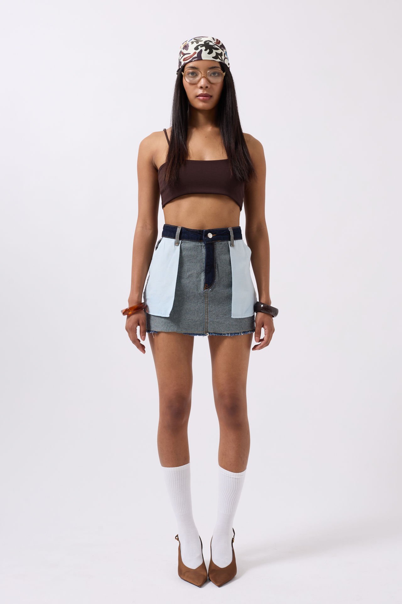 Toptan Ters Detay Denim Mini Mavi Etek