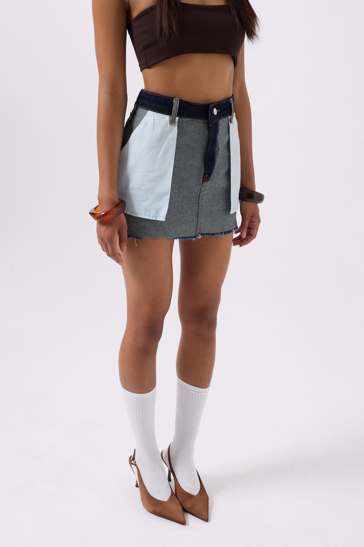 Toptan Ters Detay Denim Mini Mavi Etek