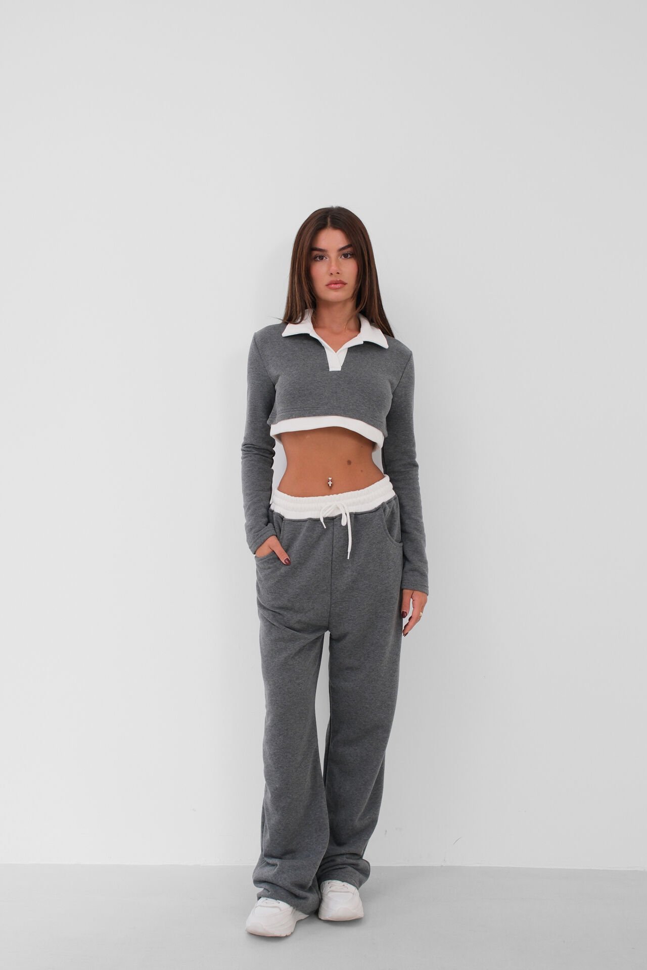 Toptan Polo Yaka Garnili Crop Gri Sweatshirt