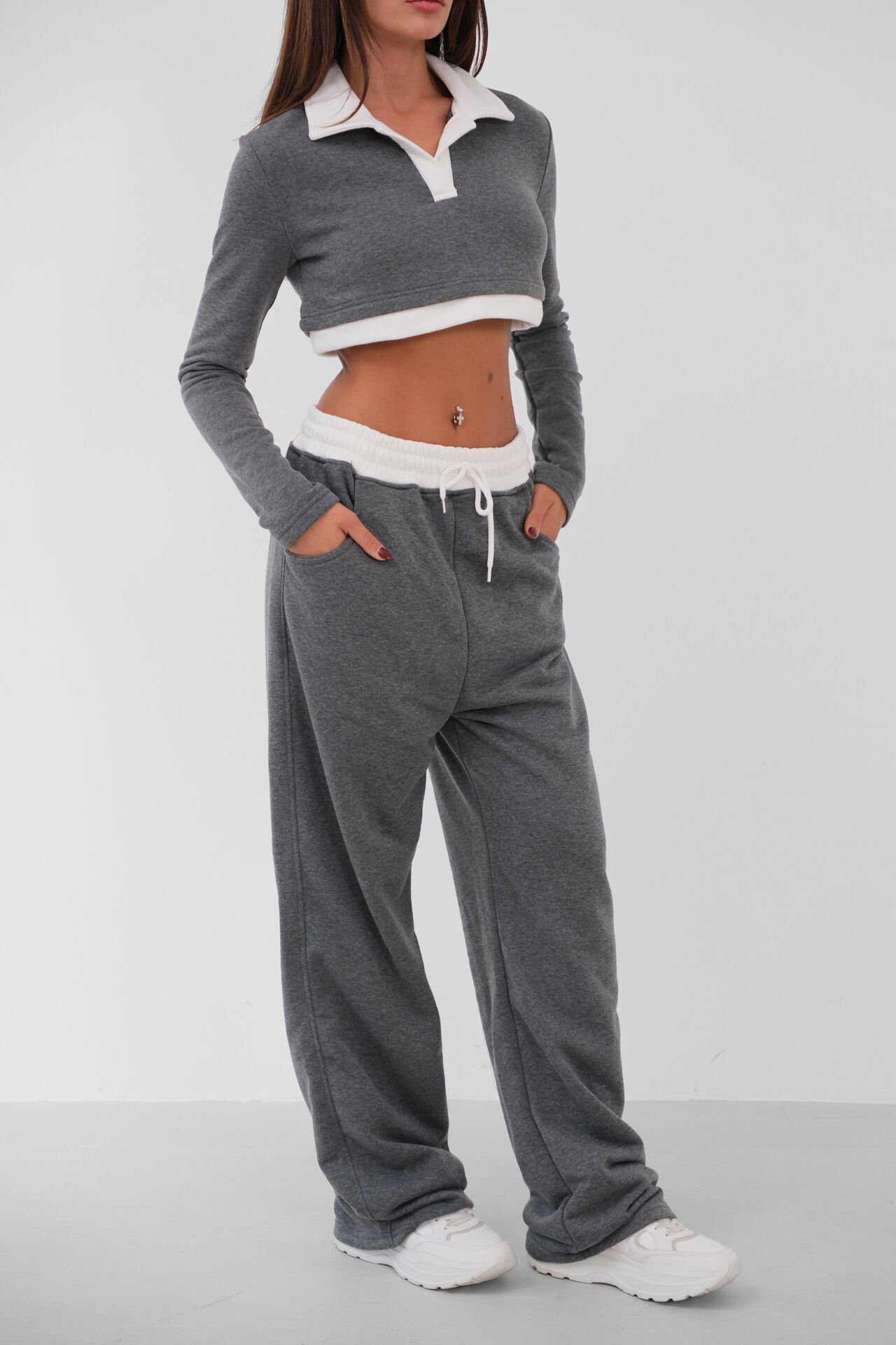 Toptan Polo Yaka Garnili Crop Gri Sweatshirt