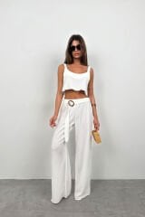 Toptan Crop Bluz Kemerli Beyaz Pantolon Takım
