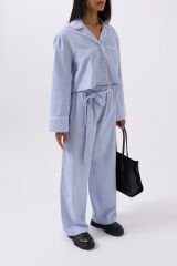 Wholesale Belt Detail Striped Blue Trousers