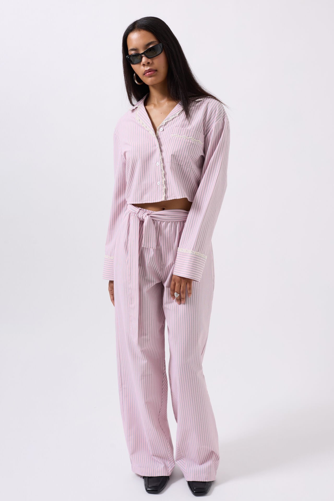 Wholesale Belt Detail Striped Pink Trousers
