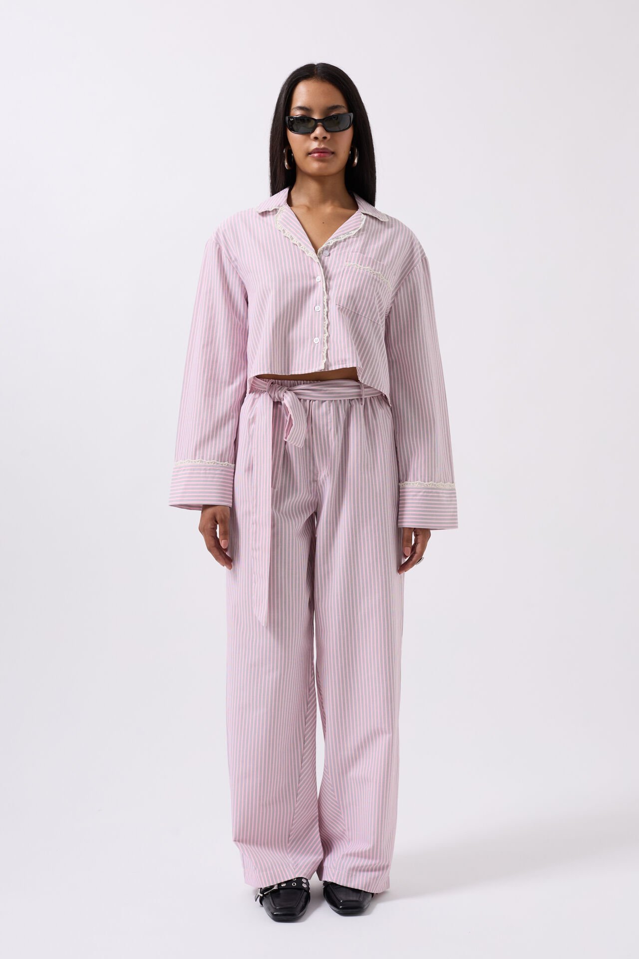 Wholesale Belt Detail Striped Pink Trousers
