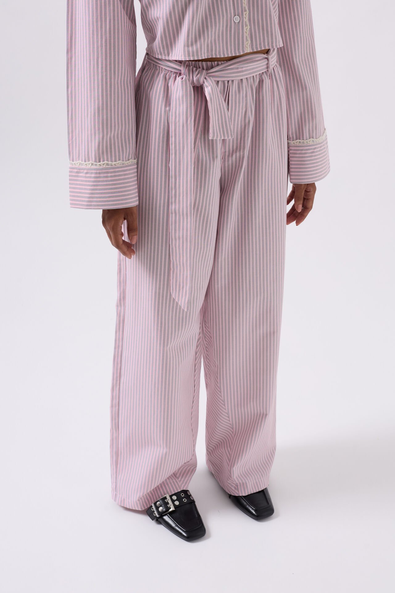 Wholesale Belt Detail Striped Pink Trousers