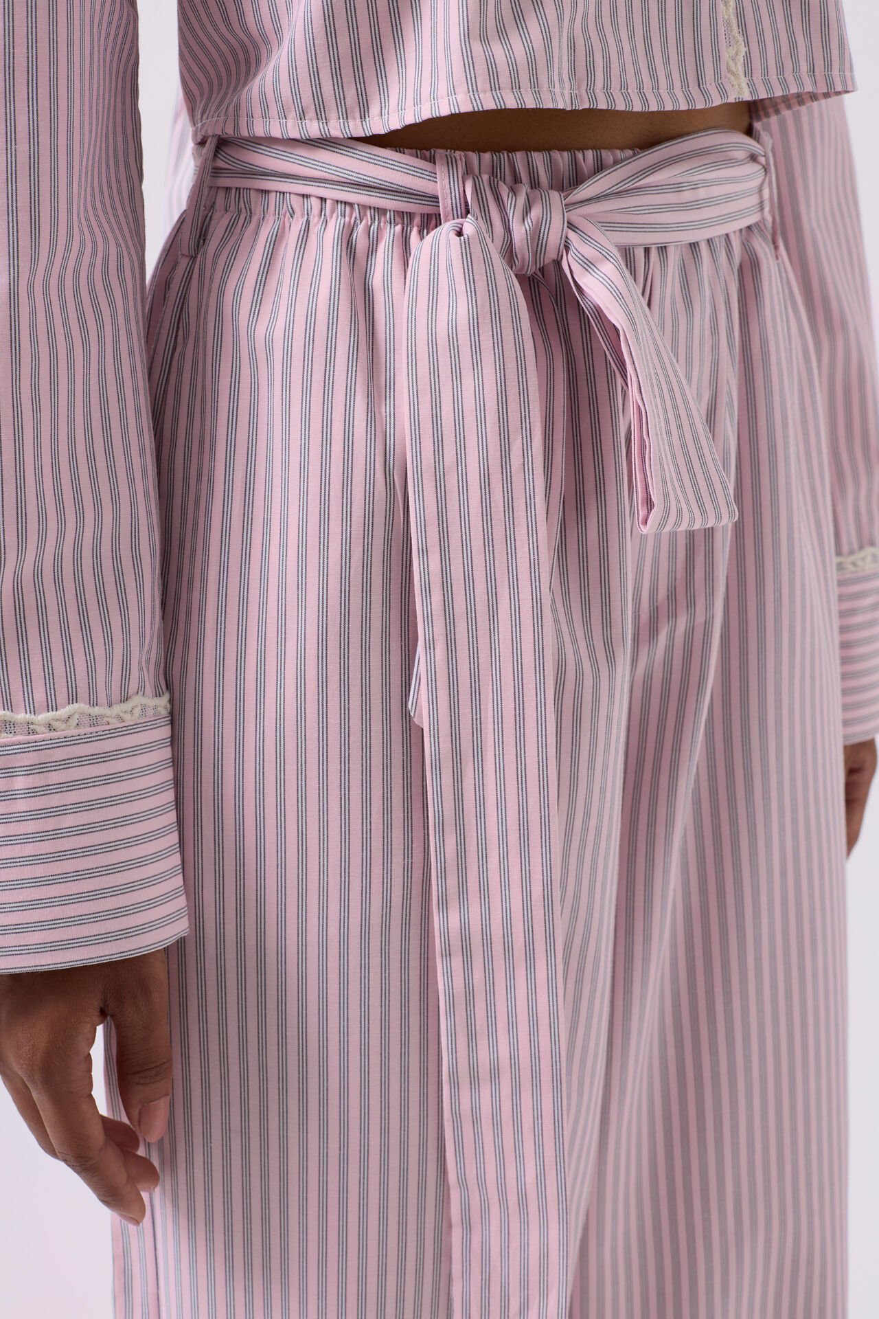 Wholesale Belt Detail Striped Pink Trousers