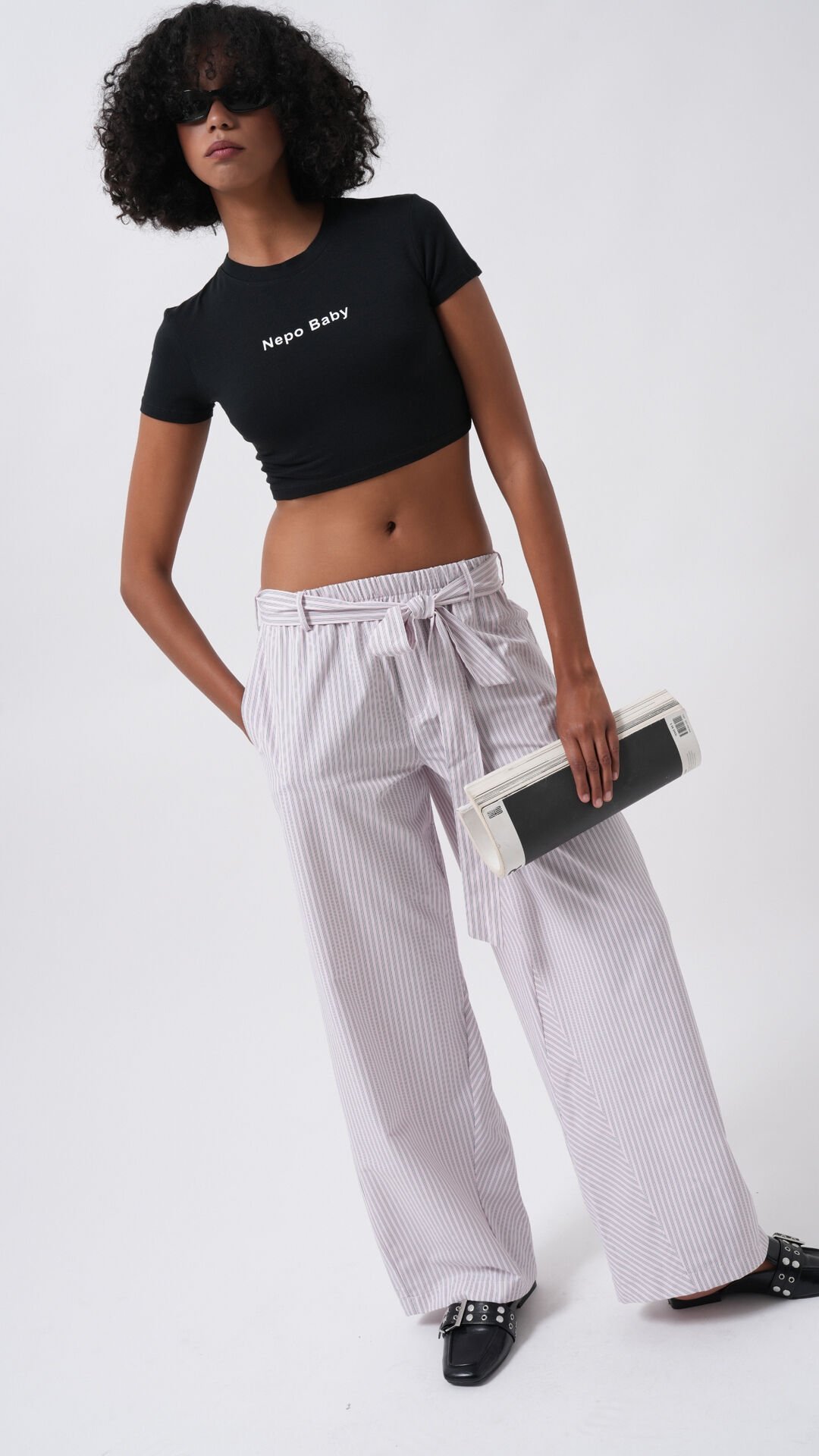 Toptan Kuşak Detay Çizgili Pembe Pantolon
