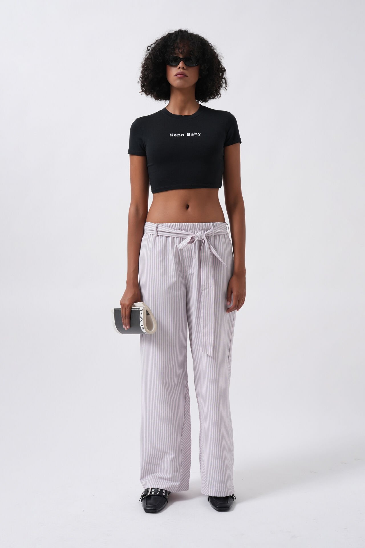 Toptan Kuşak Detay Çizgili Pembe Pantolon