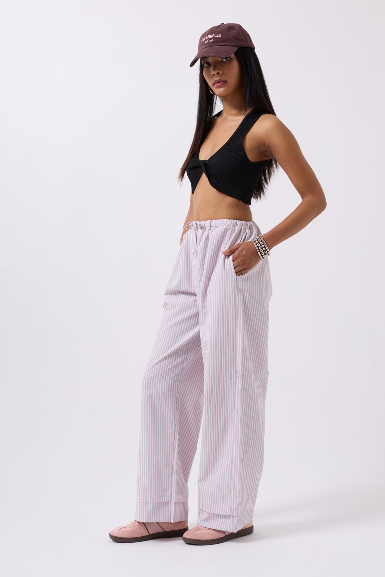 Toptan Çizgili Bel Lastikli Pembe Pantolon