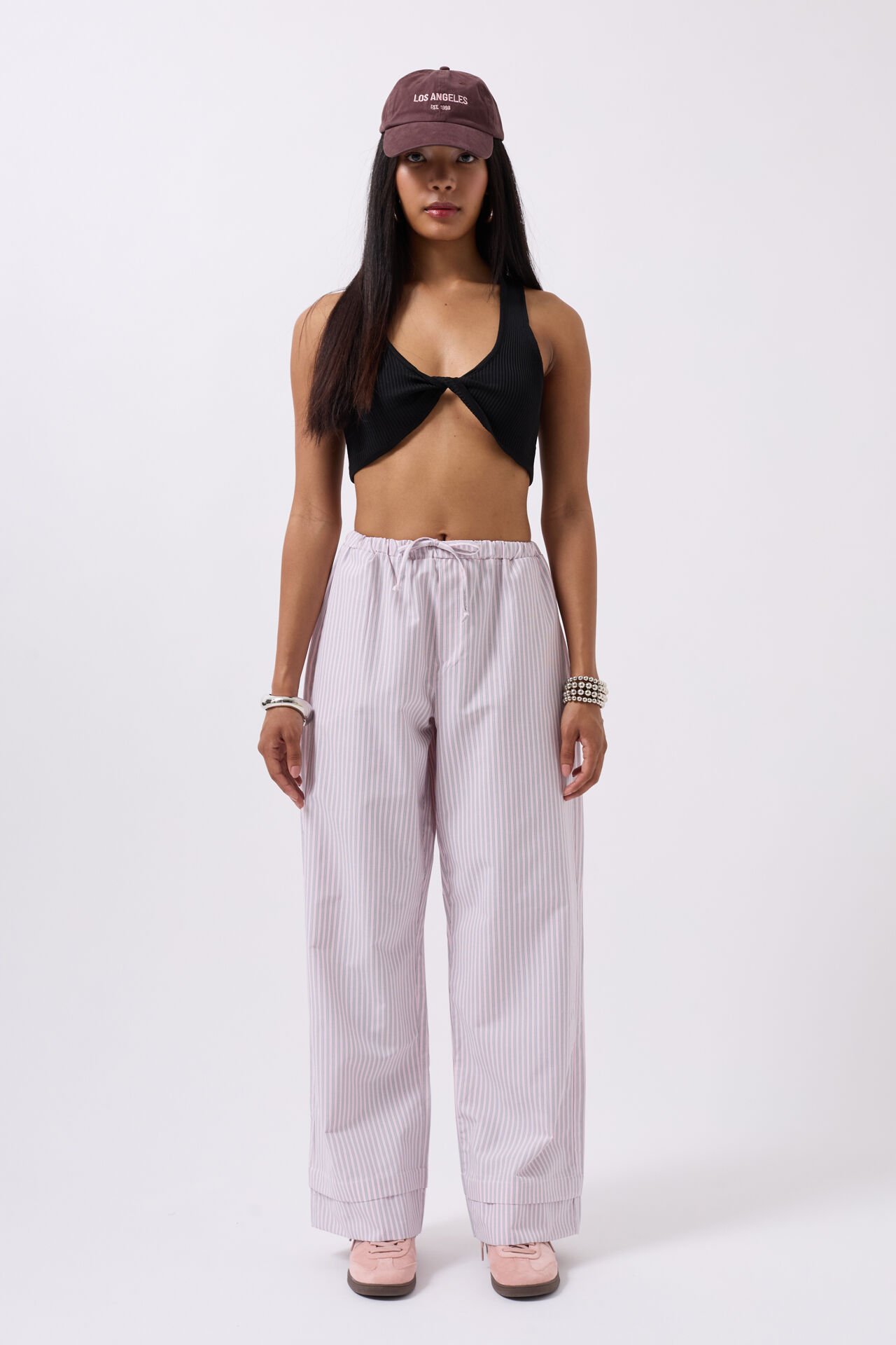 Toptan Çizgili Bel Lastikli Pembe Pantolon