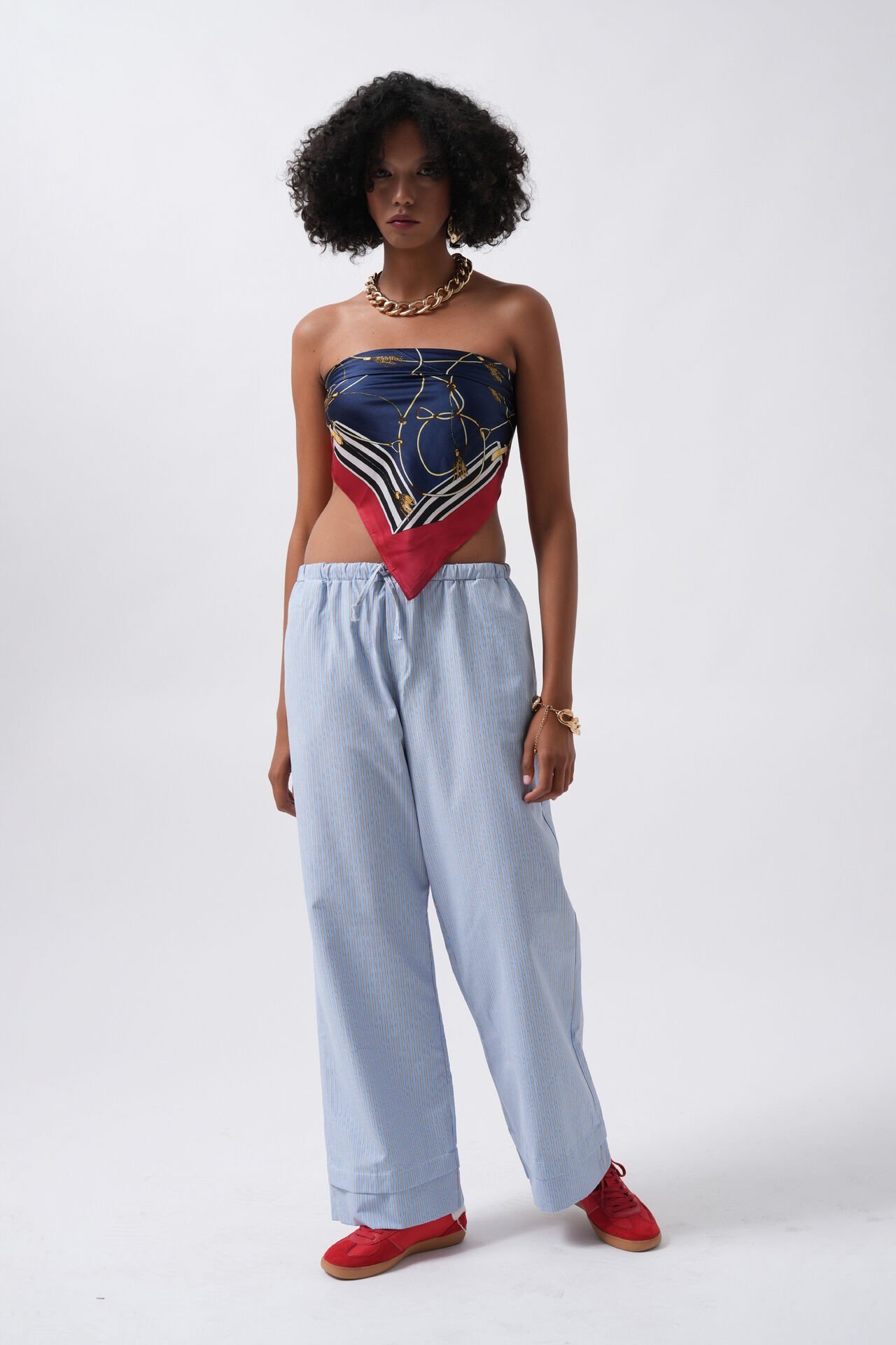 Toptan Çizgili Bel Lastikli Mavi Pantolon