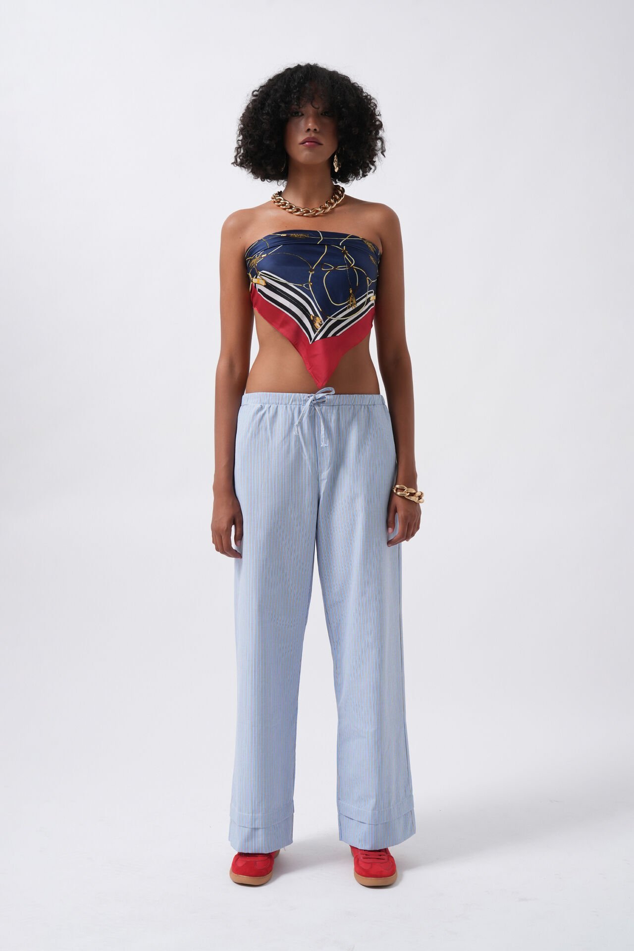 Toptan Çizgili Bel Lastikli Mavi Pantolon