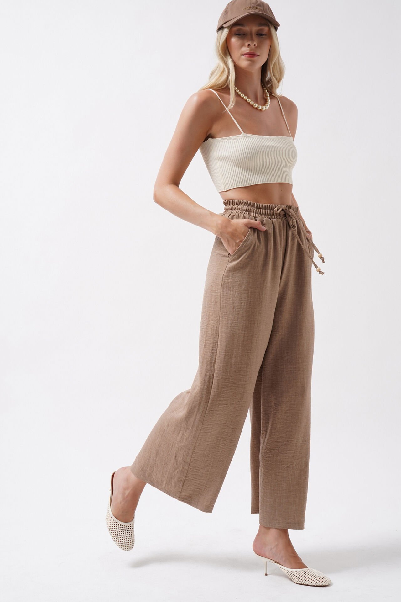 Wholesale Elastic Waist Tie Detailed Brown Trousers