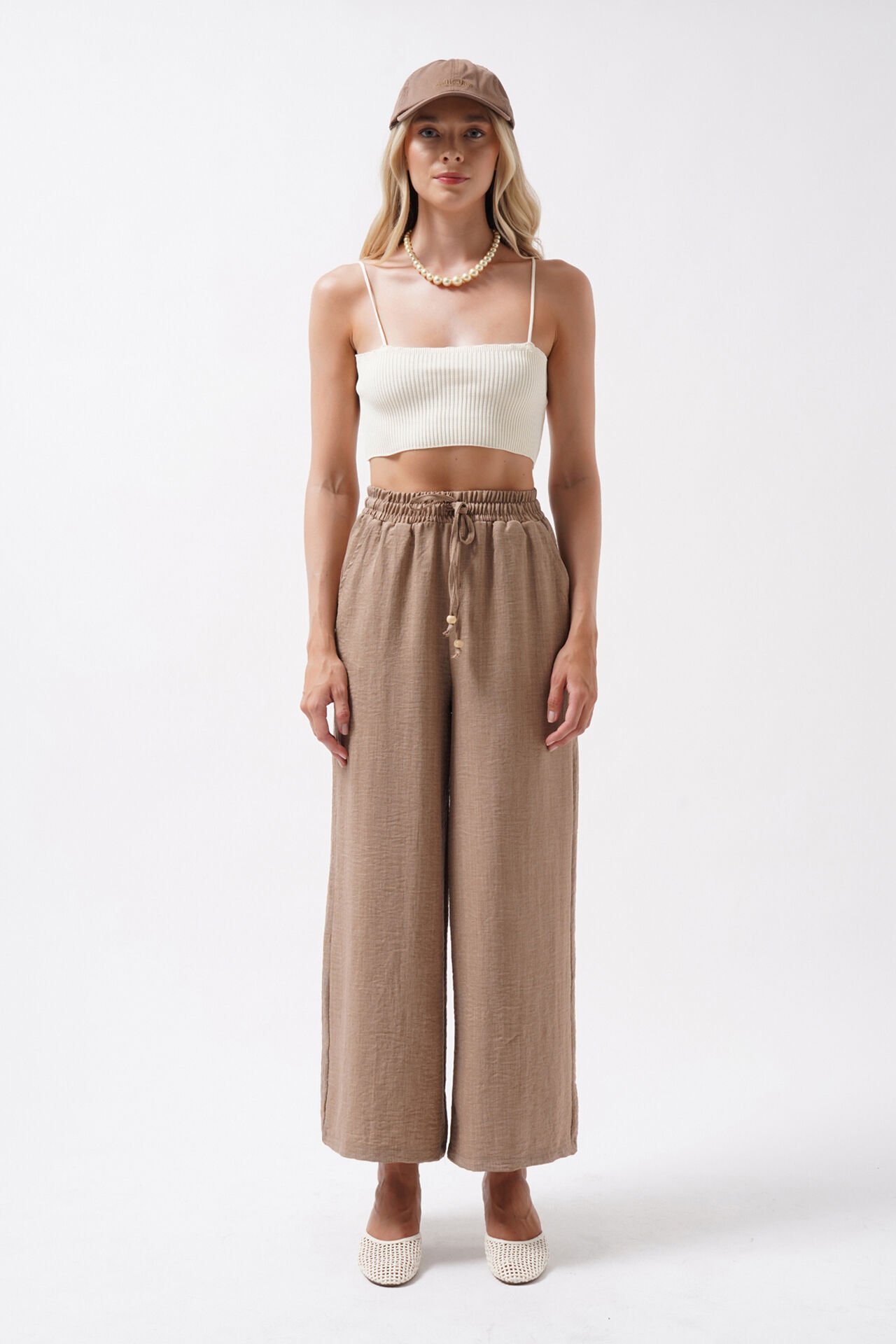 Wholesale Elastic Waist Tie Detailed Brown Trousers
