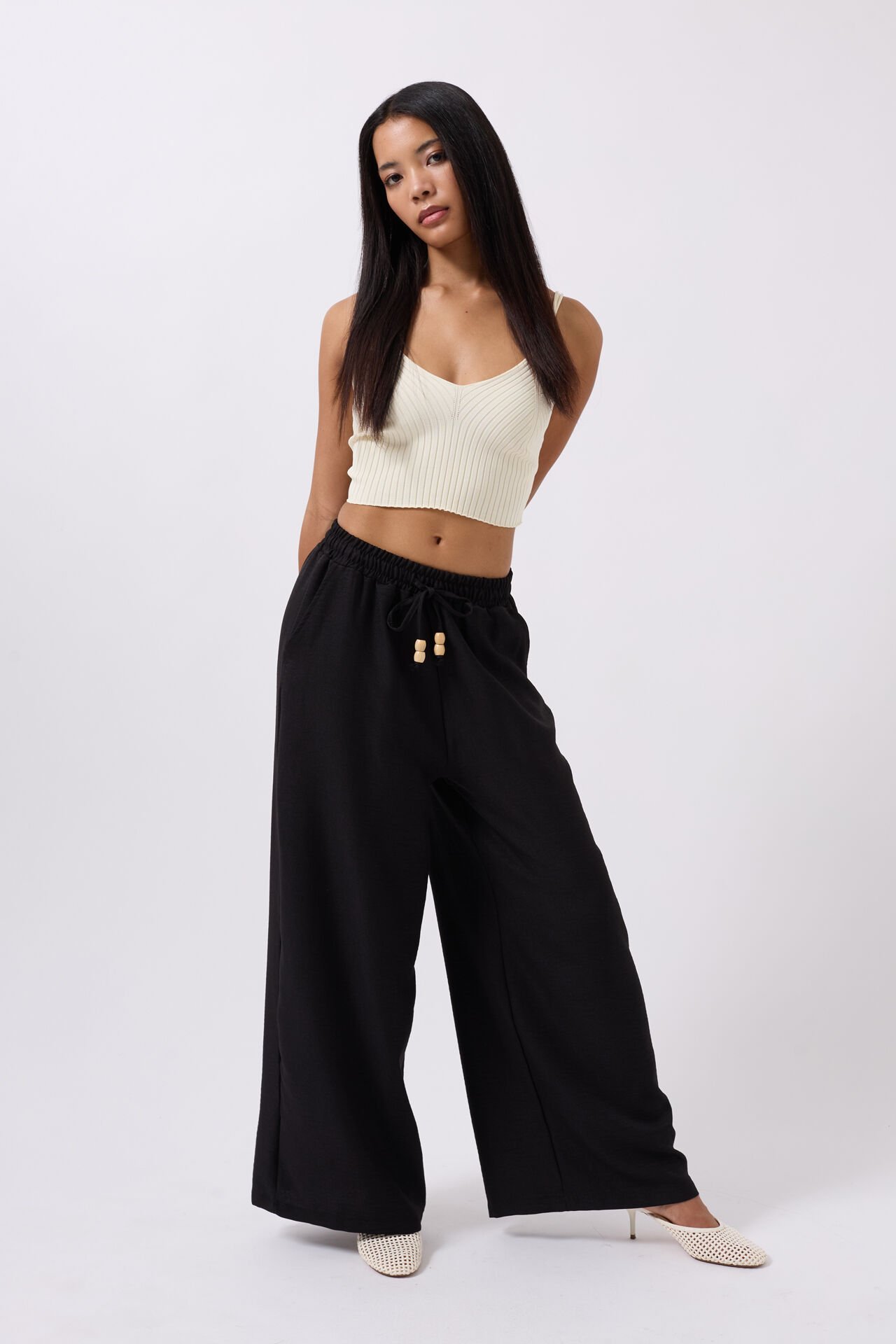 Wholesale Elastic Waist Tie Detailed Black Trousers
