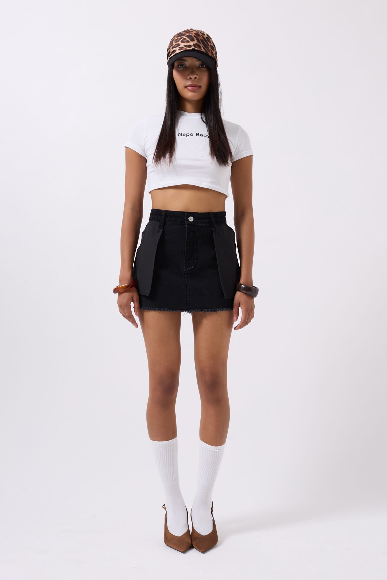Toptan Ters Detay Denim Mini Siyah Etek