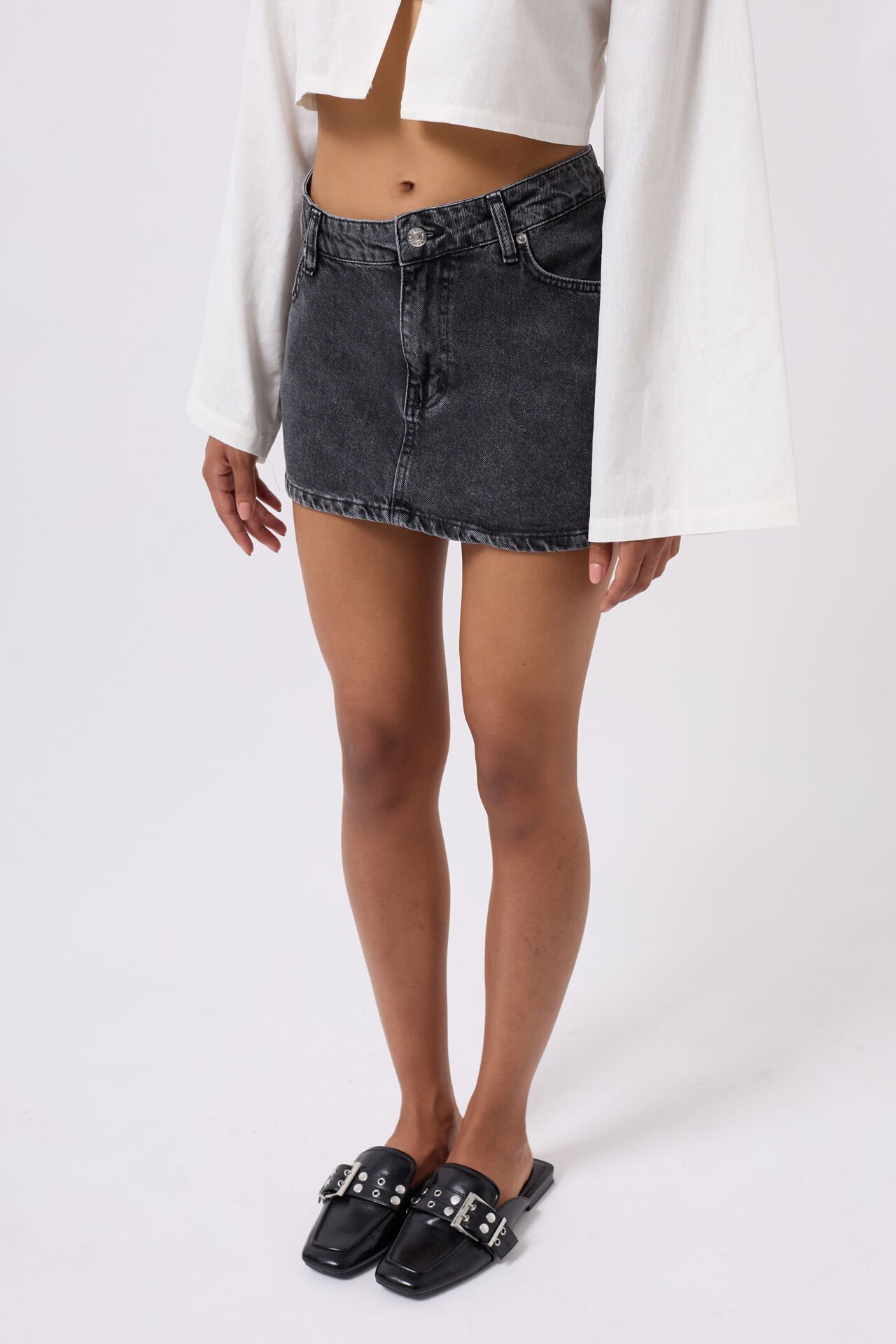 Toptan Asimetrik Bel Denim Mini Siyah Etek