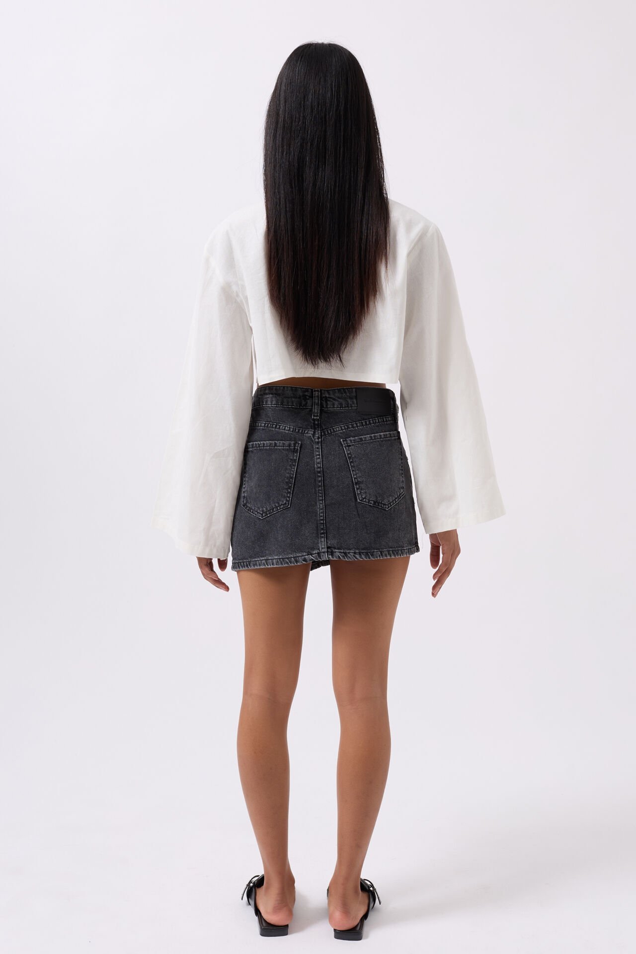 Toptan Asimetrik Bel Denim Mini Siyah Etek