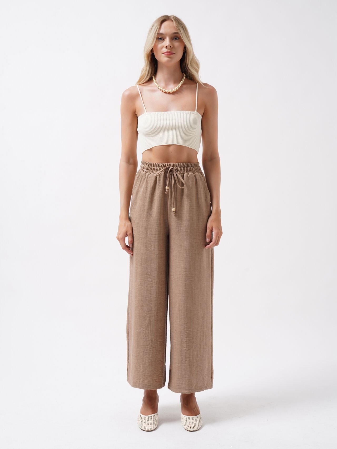 Toptan İnce Askılı Ekru Crop Top